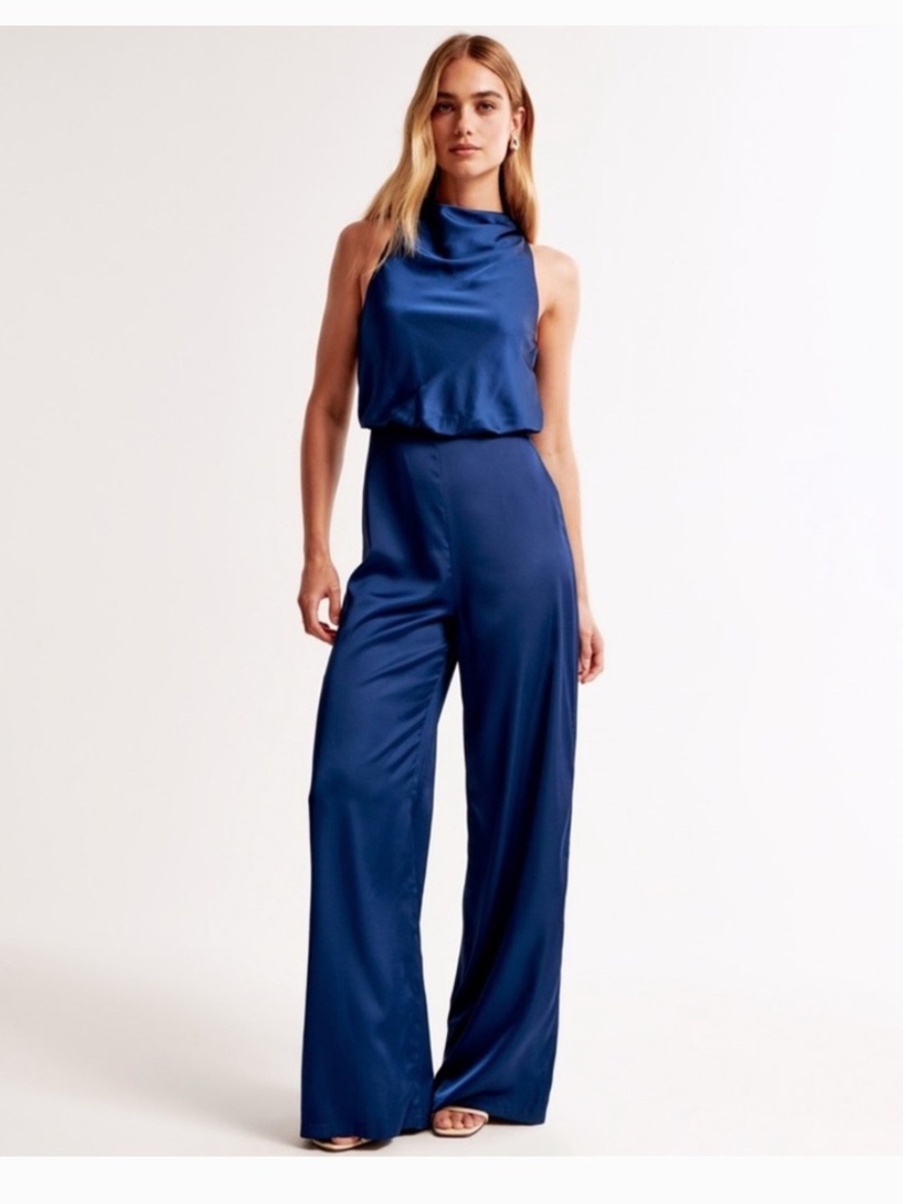 Abercrombie & Fitch Royal Blue Satin Halter Wide-Leg Jumpsuit